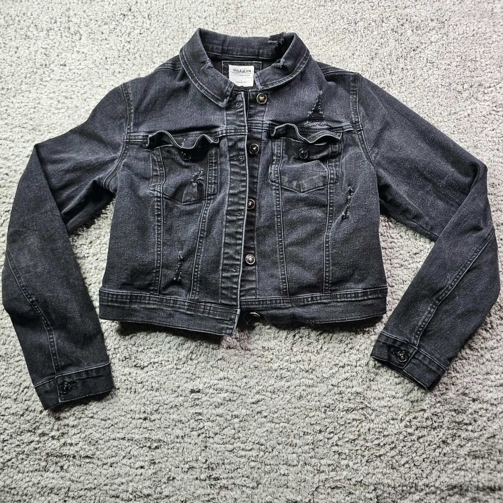 Wax Jean Collection Distressed Black Denim Jacket Cropped Trucker 90273 Large